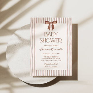 Neutral Striped Bow Baby Shower 招待状