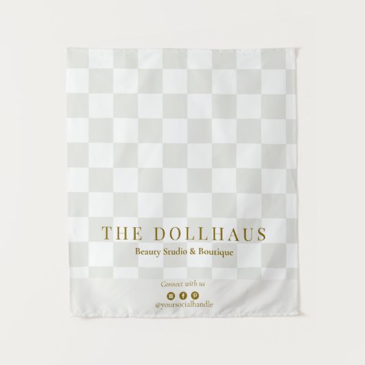 Neutral Tan Checkered Business Name Table Runner タペストリー (正面)