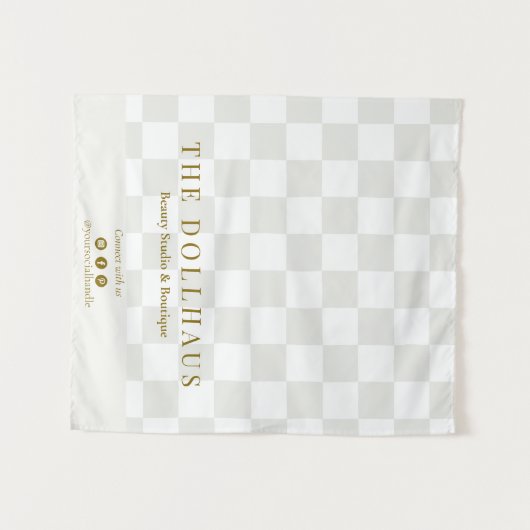 Neutral Tan Checkered Business Name Table Runner タペストリー (正面(横))