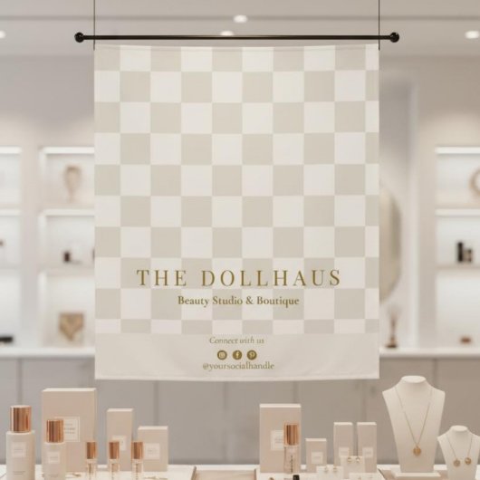 Neutral Tan Checkered Business Name Table Runner タペストリー