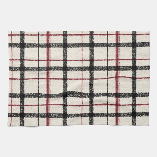 Neutral tartan white black and red キッチンタオル (横)