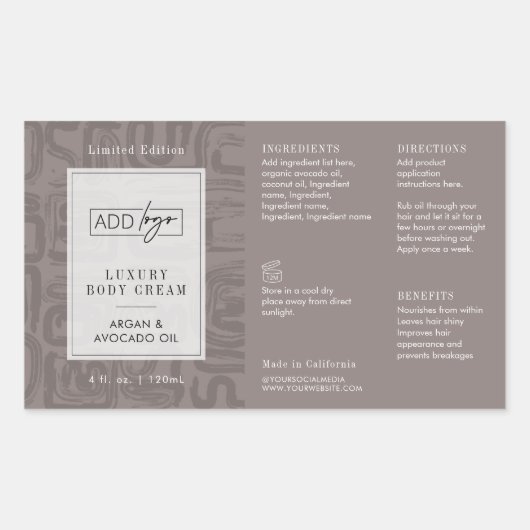 Neutral Taupe Beige Boho Logo 4OZ Cosmetic Bottle 長方形シール (正面)