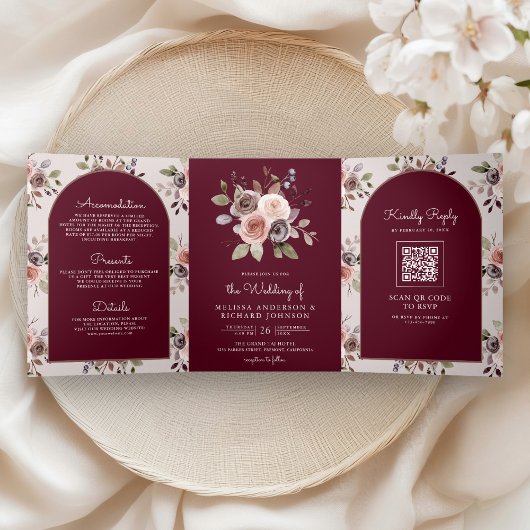 Neutral Taupe Floral QR Code Burgundy Wedding 三つ折り招待状