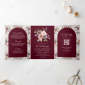 Neutral Taupe Floral QR Code Burgundy Wedding 三つ折り招待状 (内部)