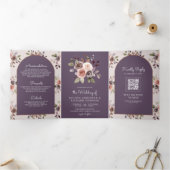Neutral Taupe Floral QR Code Dusty Purple Wedding 三つ折り招待状 (内部)