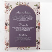 Neutral Taupe Floral QR Code Dusty Purple Wedding 三つ折り招待状 (内部最初)