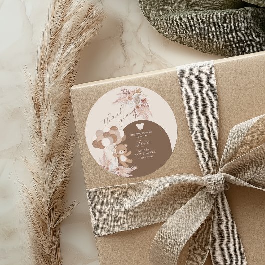 Neutral Teddy Balloon Floral Baby Shower Thank You ラウンドシール