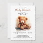 Neutral Teddy Bear Baby Shower  招待状 (正面)