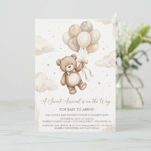 Neutral Teddy Bear Baby Shower bow Green Balloons 招待状 (スタンド正面)