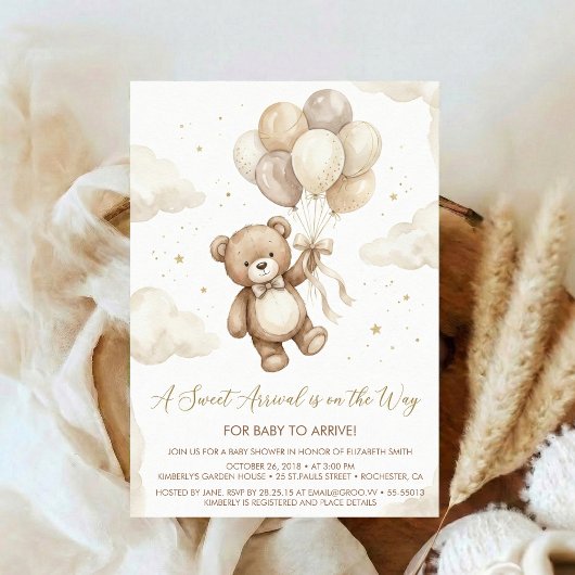 Neutral Teddy Bear Baby Shower bow Green Balloons 招待状