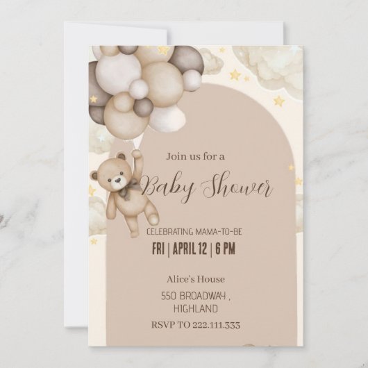 Neutral Teddy Bear Baby Shower Invitation  招待状 (正面)