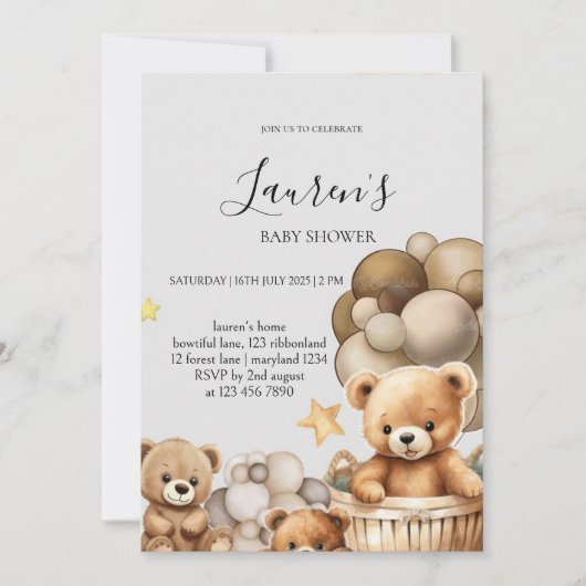 Neutral Teddy Bear Baby Shower Invitation 招待状 (正面)