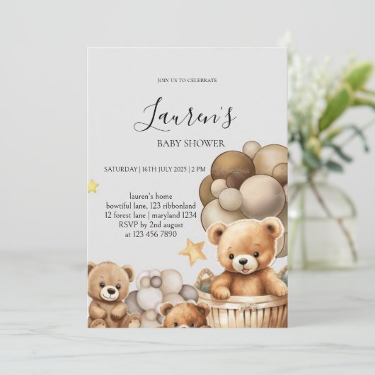 Neutral Teddy Bear Baby Shower Invitation 招待状 (スタンド正面)
