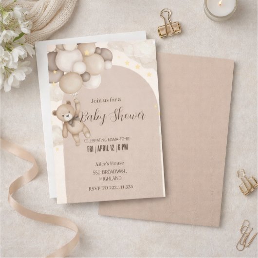 Neutral Teddy Bear Baby Shower Invitation  招待状