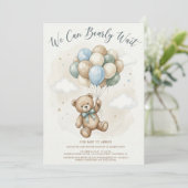 Neutral Teddy Bear Baby Shower Sage Green Balloons 招待状 (スタンド正面)