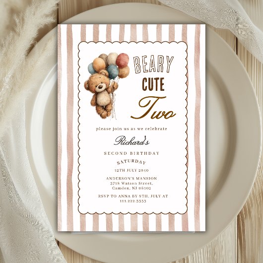 Neutral Teddy Bear Beary Cute Two 2nd Birthday  招待状