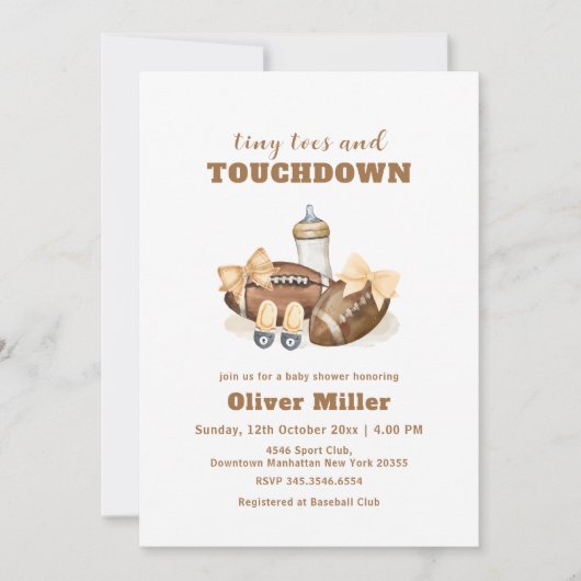 Neutral Touchdown Bow Football Bottle Baby Shower 招待状 (正面)