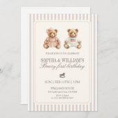 Neutral Twin Beary First Birthday Teddy Bear 招待状 (正面/裏面)