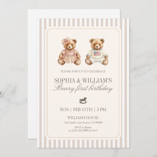 Neutral Twin Beary First Birthday Teddy Bear 招待状 (正面/裏面)