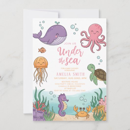 Neutral under the sea ocean corals baby shower 招待状 (正面)