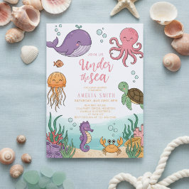 Neutral under the sea ocean corals baby shower 招待状