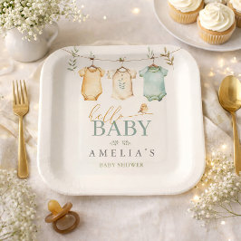 Neutral Watercolor Baby Clothesline Baby Shower ペーパープレート