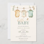 Neutral Watercolor Baby Clothesline Baby Shower 招待状 (正面)