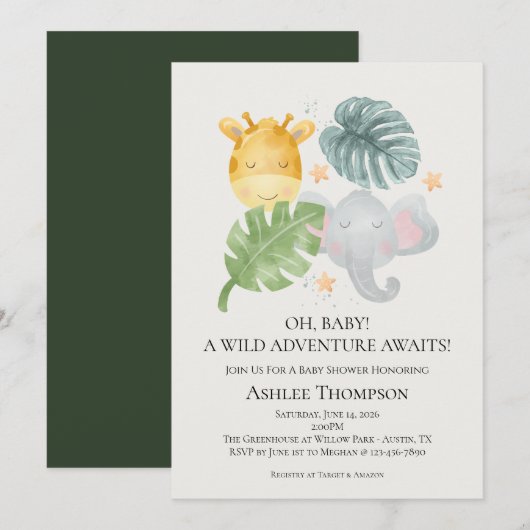 Neutral Watercolor Jungle Animals Baby Shower 招待状 (正面/裏面)
