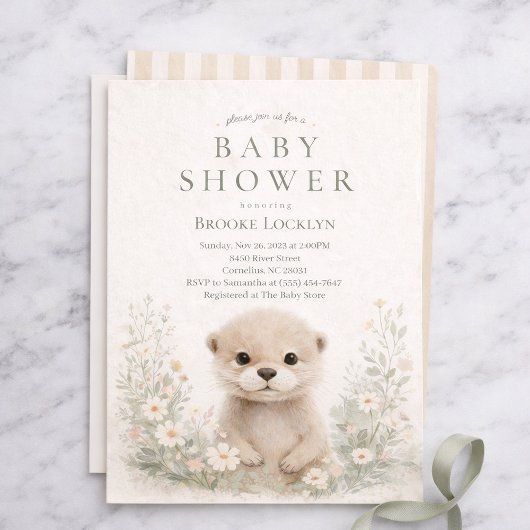 Neutral Watercolor Otter Baby Shower | Woodland 招待状