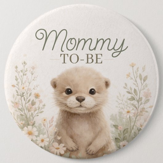 Neutral Watercolor Otter Mommy-to-Be | Baby Shower 缶バッジ (正面)