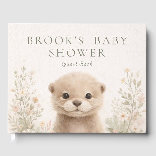 Neutral Watercolor Woodland Otter Baby Shower ゲストブック (正面)