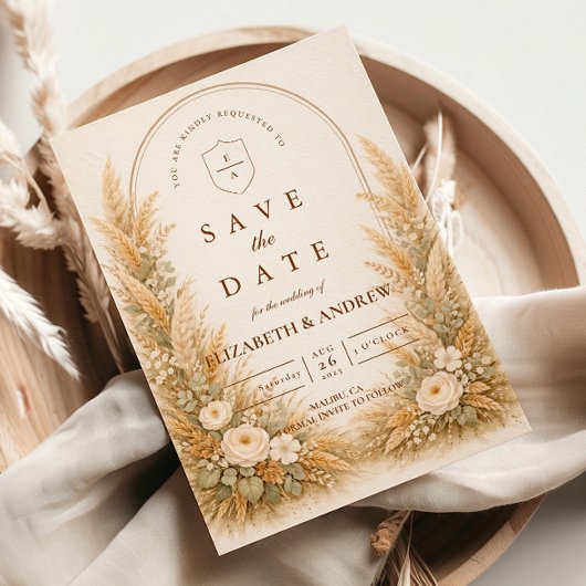 Neutral Wheat Arch Floral Wedding セーブザデート