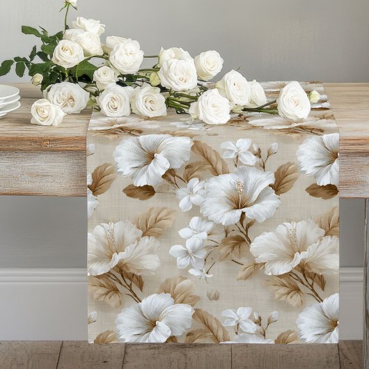 Neutral White Flowers Ivory Beige Table Runner ロングテーブルランナー