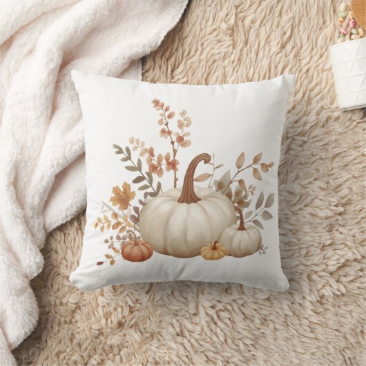 Neutral White Pumpkin Fall Decorative Pillow クッション (ブランケット)