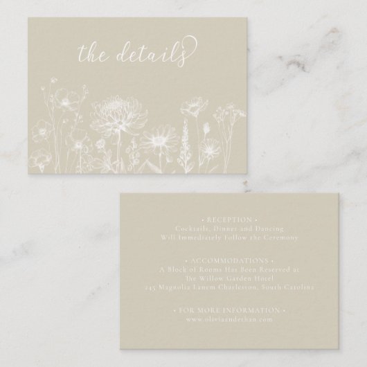 Neutral Wildflower Details Card Minimalist Wedding エンクロージャーカード (正面/裏面)