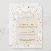 Neutral Wildflower Ivory First Holy Communion 招待状 (正面)