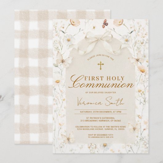 Neutral Wildflower Ivory First Holy Communion 招待状 (正面/裏面)