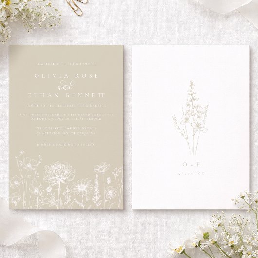 Neutral Wildflower Line Art Wedding Invitation 招待状