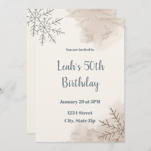 Neutral Winter 50th Birthday Invitation – Minimal 招待状 (正面/裏面)