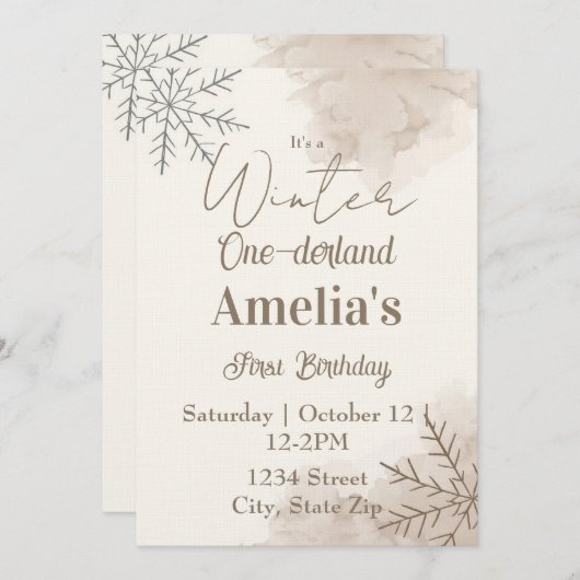 Neutral Winter First Birthday Invitation – Minimal 招待状 (正面/裏面)