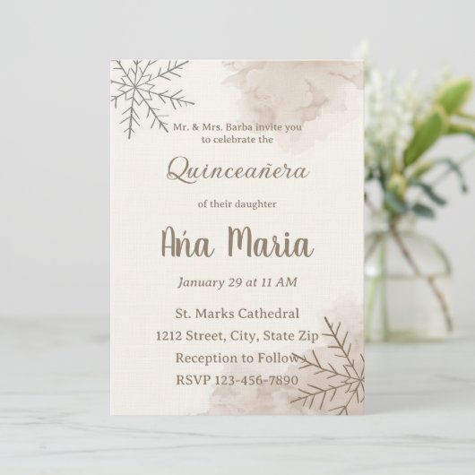 Neutral Winter Quinceañera Invitation – Minimalist 招待状 (スタンド正面)