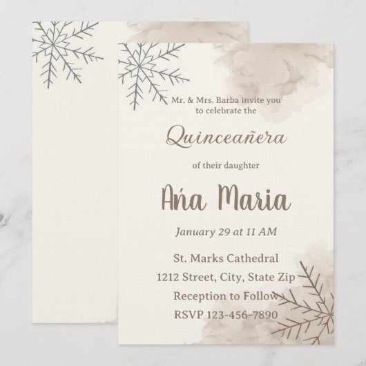 Neutral Winter Quinceañera Invitation – Minimalist 招待状 (正面/裏面)