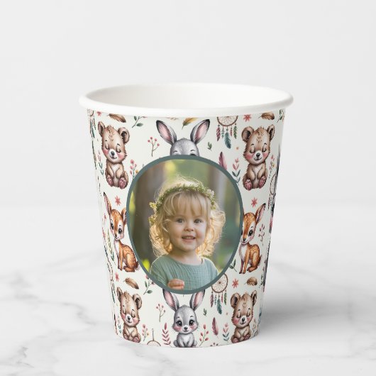 Neutral Woodland Animals Kids Birthday Photo 紙コップ (正面)