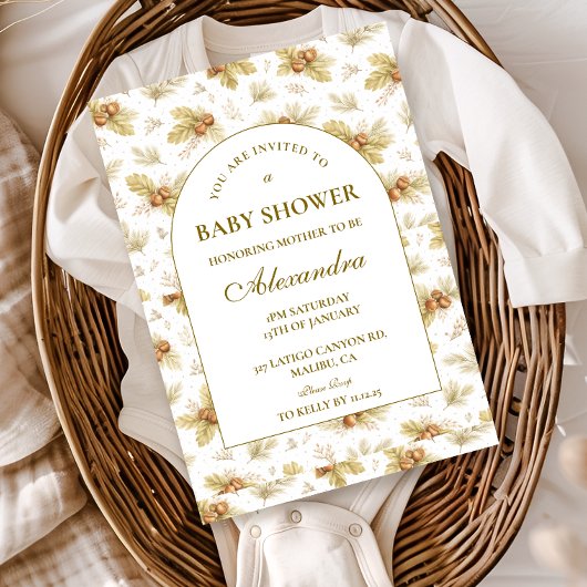 Neutral Woodland Leaves Baby Shower 招待状