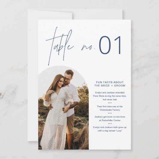 NEVEネイビー写真テーブル番号とおもしろいファクト5 x 7 招待状 (裏面)