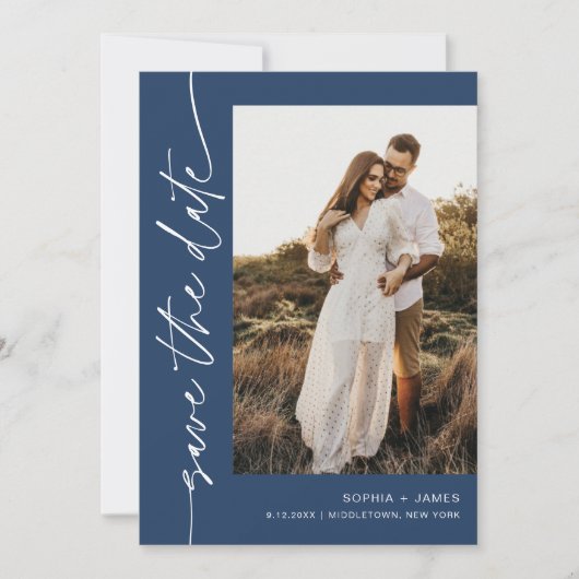 NEVE Navy Blue Photo Save The Date Card 招待状 (正面)
