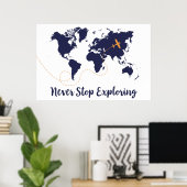 Never ストップ Exploring、ネイビー世界地図プリント ポスター (ホームオフィス)