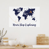 Never ストップ Exploring、ネイビー世界地図プリント ポスター (キッチン)