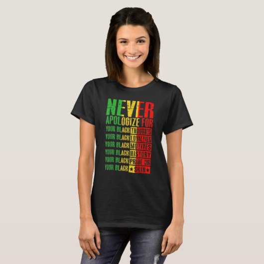 Never Apologize For Your Blackness Black History P Tシャツ (正面フル)