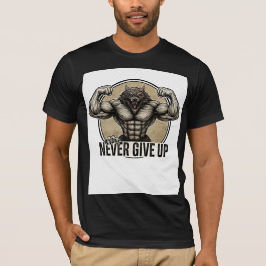 NEVER GIVE UP – Muscular Wolf Power    Tシャツ (正面)